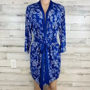 Laura Ashley Blue White Floral Knit Robe Belted Size Large Floral Paisley